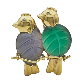 14K Yellow Gold Carved Chalcedony Two Birds Brooch Pendant