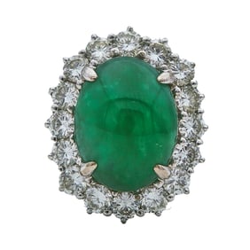18K White Gold Jade Cabochon and Diamond Halo Ring