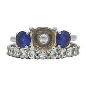 Platinum Sapphire and Diamond Engagement Ring Setting and Wedding Band Set