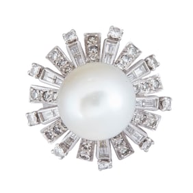 14K White Gold 12mm South Sea Pearl and Diamond Tiered Cocktail Ring