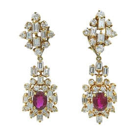 18K Yellow Gold Oval-Cut Ruby and Diamond Cluster Drop Earrings