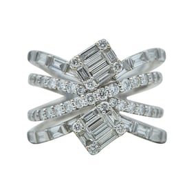 18K White Gold Diamond Illusion 4 Row Crossover Band Ring