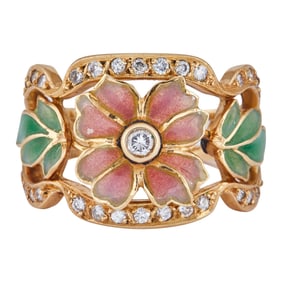 18K Yellow Gold Diamond and Multicolored Enamel Flower Ring