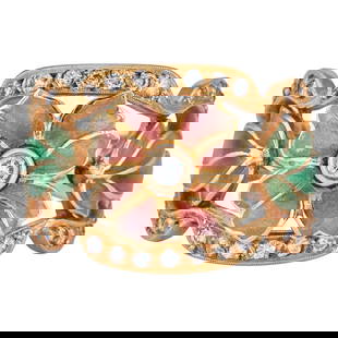 18K Yellow Gold Diamond and Multicolored Enamel Flower Ring: BRAND: Masriera y Carreras; METAL: 18K Yellow Gold; APPROXIMATE TOTAL DIAMOND WEIGHT: 0.30 ctw; GEMSTONES: Multicolored Enamel; STAMPED: Masriera y Carreras, A1565A, B-5; CONDITION: Pre-owned, Very Go