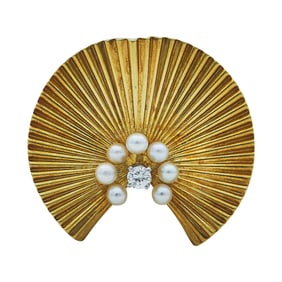 Tiffany & Co. 18K Yellow Gold Akoya Pearl and Diamond Fan Brooch Pin