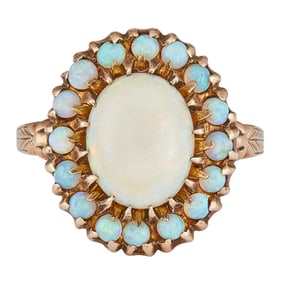 10K Yellow Gold Tiered Opal Halo Ring