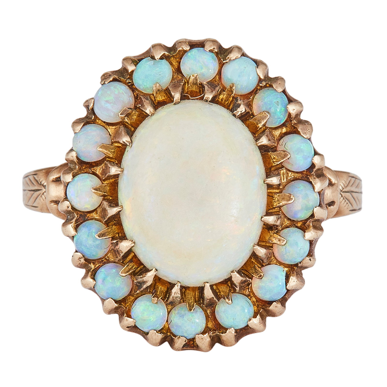 10K Yellow Gold Tiered Opal Halo Ring: METAL: 10K Yellow Gold; GEMSTONES: Opal, center stone approx. 2.00 carats; STAMPED: 10K, maker's mark; CONDITION: Pre-owned, Very Good; ITEM WEIGHT (GRAMS): 4 g; MEASUREMENTS: Ring size 6 1/2