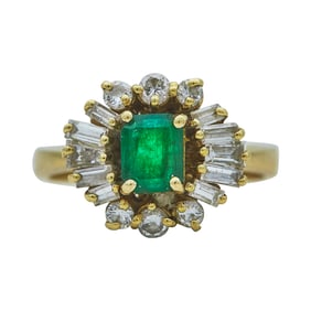 18K Yellow Gold Emerald and Mixed-Cut Diamond Halo Ring