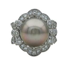 18K White Gold 12mm Tahitian Pearl and Diamond Ring
