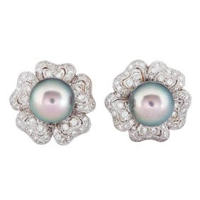 18K White Gold Tahitian Pearl and Diamond Flower Earrings