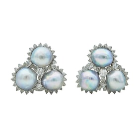 18K White Gold Blue Baroque Pearl and Diamond Cluster Earrings