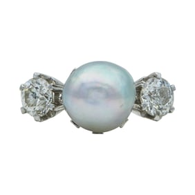 Platinum Blue Baroque Pearl and Diamond Three Stone Ring