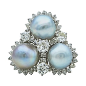 18K White Gold Blue Baroque Pearl and Diamond Cluster Ring