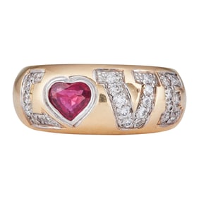 14K Yellow Gold Heart-Shaped Ruby and Diamond Love Ring