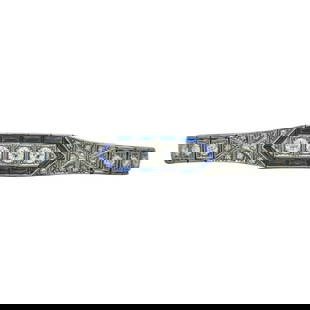 Art Deco Platinum Sapphire and Diamond Bracelet: METAL: Platinum; APPROXIMATE TOTAL DIAMOND WEIGHT: 2 ctw; GEMSTONES: Sapphire; TESTED: Platinum; CONDITION: Pre-owned, Good; ITEM WEIGHT (GRAMS): 16.9 g; MEASUREMENTS: Bracelet length 6 1/4 inches; Di