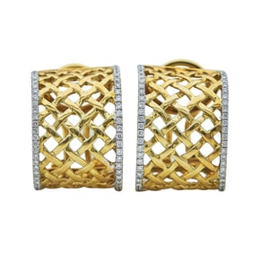 18K Yellow Gold Diamond Openwork Crosshatch J Hoop Earrings