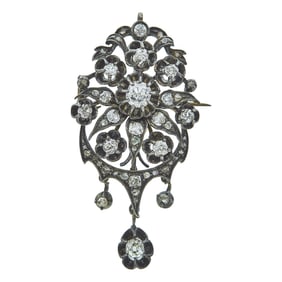 Antique Silver and 14K Yellow Gold Old Mine and Rose-Cut Diamond Brooch