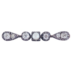 Silver and 14K Yellow Gold Old Mine-Cut Diamond and Pearl Pin