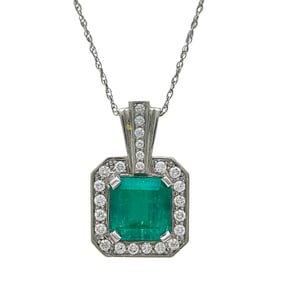 Art Deco Style Platinum Emerald and Diamond Pendant on 14K White Gold Chain