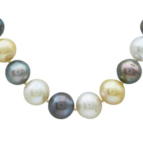Graduated Tahitian and South Sea Pearl Necklace with 14K Yellow Gold Diamond Ball Clasp