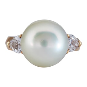 18K Yellow Gold 12mm South Sea Pearl and Heart-Shaped Diamond Ring