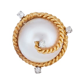14K Yellow Gold Rope Wrapped Mabe Pearl and Diamond Ring