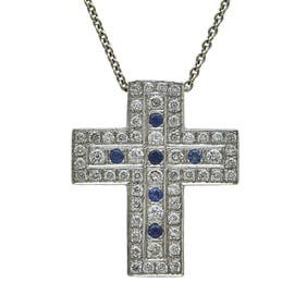 18K White Gold Sapphire and Diamond Cross Pendant Necklace