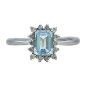 14K White Gold Emerald-Cut Aquamarine and Diamond Halo Cluster Ring