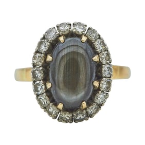 14K Yellow Gold Black Star Sapphire and Diamond Halo Ring