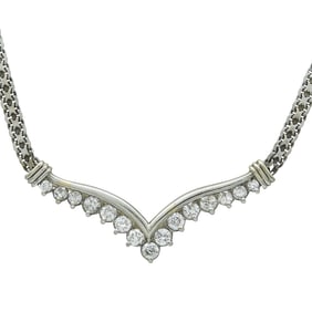 14K White Gold Diamond V Pendant Necklace