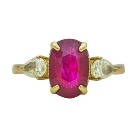 18K Yellow Gold Burmese Heated Ruby and Diamond Three Stone Ring