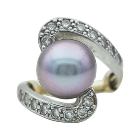 14K White Gold 11mm Tahitian Pearl and Diamond Bypass Ring