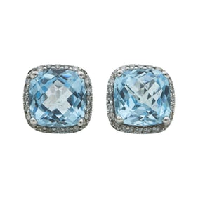 14K White Gold Cushion-Shaped Blue Topaz and Diamond Halo Stud Earrings