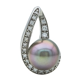 14K White Gold 13.5mm Tahitian Pearl and Diamond Pendant