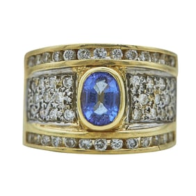 14K Yellow Gold Bezel-Set Tanzanite and Diamond Band Ring