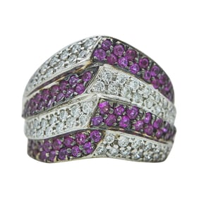 18K White Gold Pink Sapphire and Diamond Tiered V Ring