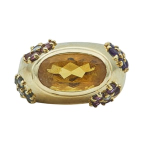 14K Yellow Gold Oval-Cut Citrine and Multi Gem-Set Flower Ring