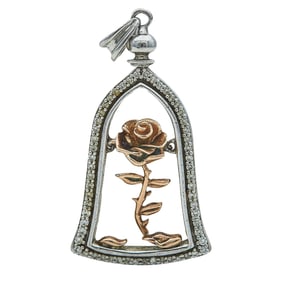 Enchanted Disney Belle Rose Dome 10K Rose Gold and Sterling Silver Diamond Pendant Charm