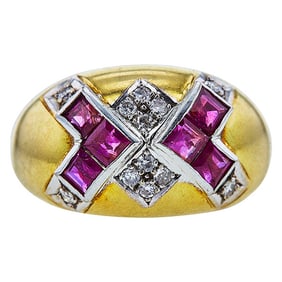 18K Yellow Gold Ruby and Diamond Dome Band Ring