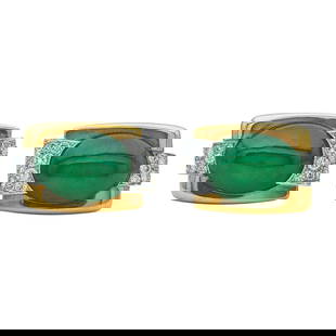 18K Yellow Gold Natural Jadeite Jade and Diamond Cufflinks: METAL: 18K Yellow Gold, 18K White Gold; APPROXIMATE TOTAL DIAMOND WEIGHT: 0.76 ctw; GEMSTONES: Accompanied by Mason Kay Jadeite Authenticity report number 250624-2166, the Natural Jadeite Jade measuri