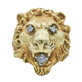 14K Yellow Gold Diamond Accented Lion Head Ring