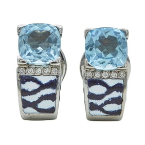 18K White Gold Topaz, Diamond and Zebra Stripe Enamel Earrings