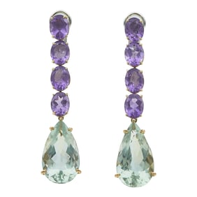 18K Rose and White Gold Amethyst and Green Quartz Dangle Drop Earrings