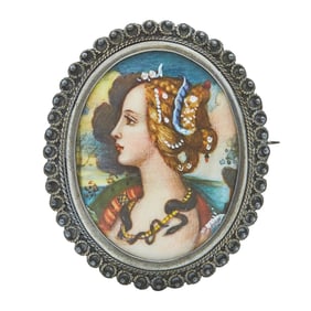 Vintage Silver Enamel Portrait of a Lady Brooch Pin