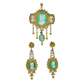 Etruscan Revival 14K Yellow Gold Dyed Green Chalcedony Assembled Cameo Earrings and Pin/Pendant
