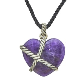 David Yurman Sterling Silver Cable Wrapped Heart-Shaped Amethyst Pendant on Cord Necklace
