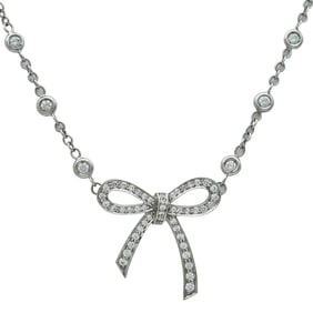 Platinum Diamond Bow Pendant on 18K White Gold Diamond Station Chain Necklace