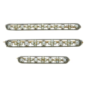 3 Piece 14K Yellow Gold and Platinum Seed Pearl Bar Brooch Pin Set