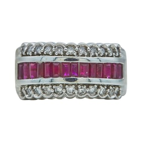 14K White Gold Ruby and Diamond Three Row Band Ring