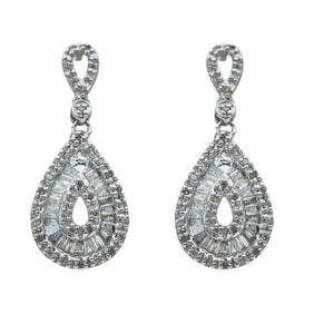 14K White Gold Round and Baguette-Cut Diamond Illusion Drop Earrings